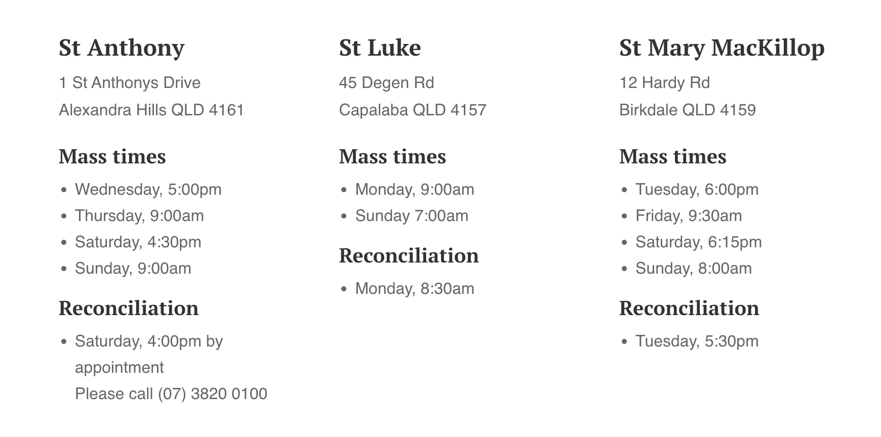 Mass Times for St Luke's, St Anthony's and St Mary MacKillop