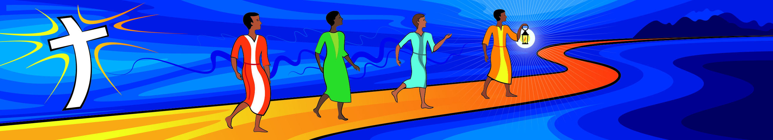 Illustration of four figures walking along a winding path toward a light, with a cross symbol to the side.